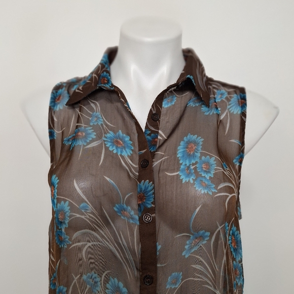 Cecico Sheer Brown Floral Academia Collared Button Down Hi-Lo Hem Top Size L - Picture 2 of 14